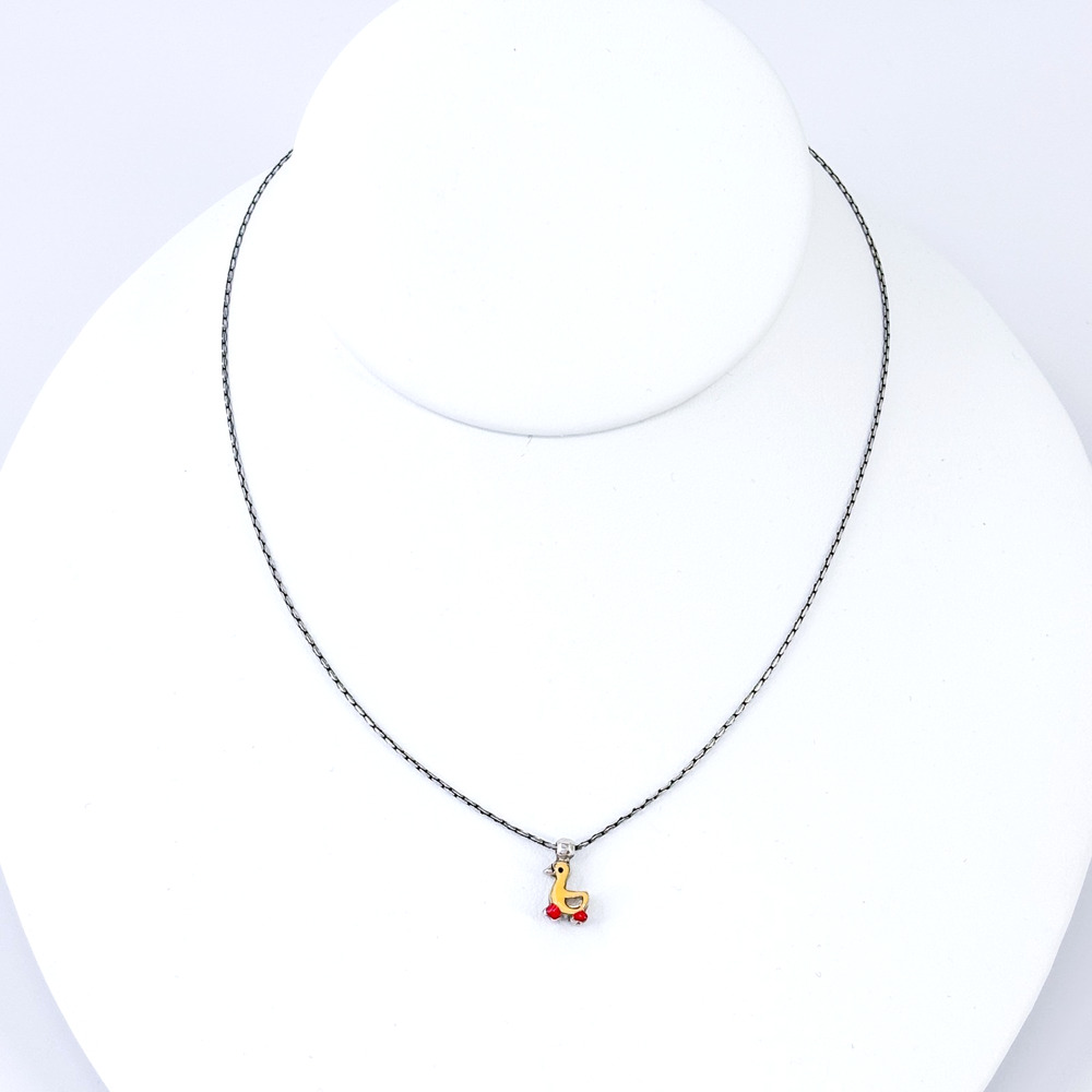 Vintage MAN Sterling Silver 925 0.9mm Chain Necklace w/ Enamel Duck Charm 15”